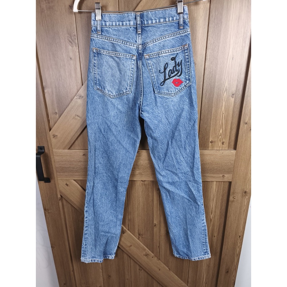 Reformation‎ Cynthia High Rise Straight Jeans 23 Blue Heart Lady Lips Button Fly